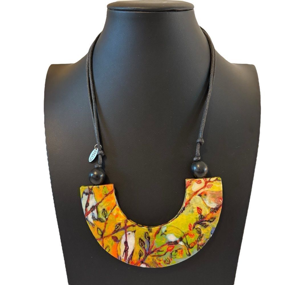 Nature Inspired Handcrafted Decoupage U-Shaped Necklace on Adjustable Cord.